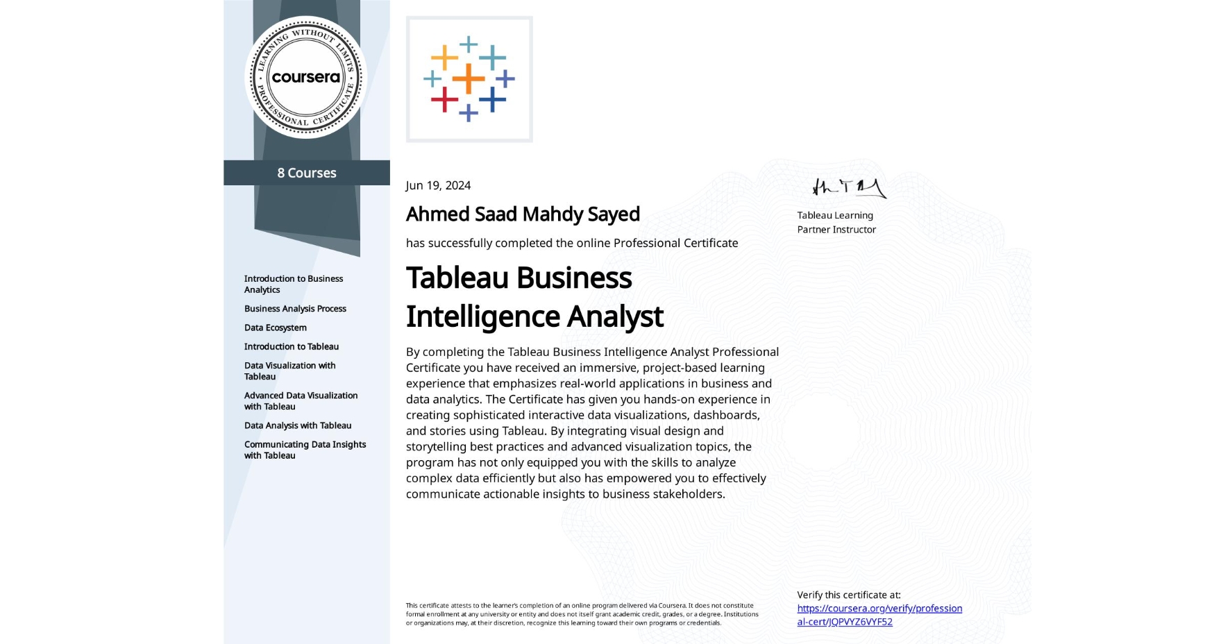 Tableau Business Intelligence Analyst certificate — Ahmed Saad Mahdy Sayed