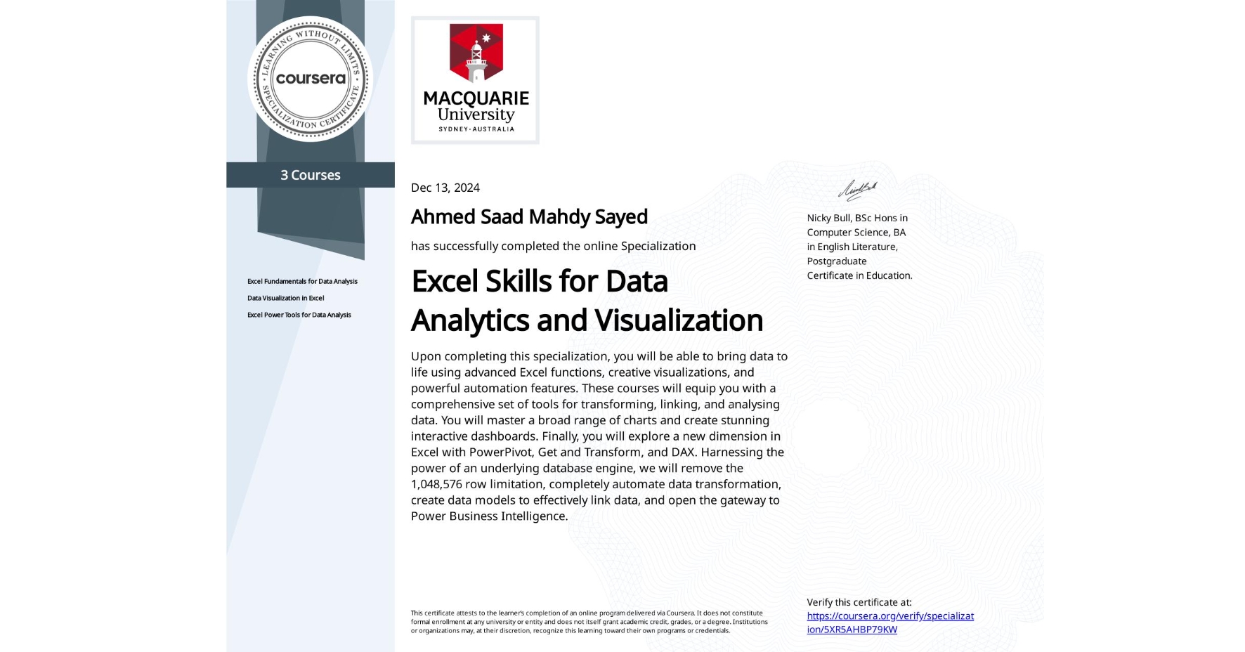 Excel Skills for Data Analytics and Visualization certificate — Ahmed Saad Mahdy Sayed