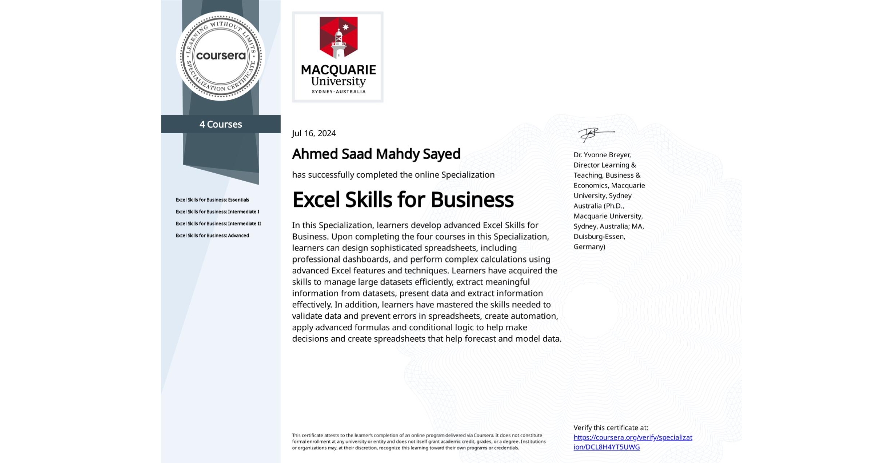 Excel Skills for Business certificate — Ahmed Saad Mahdy Sayed