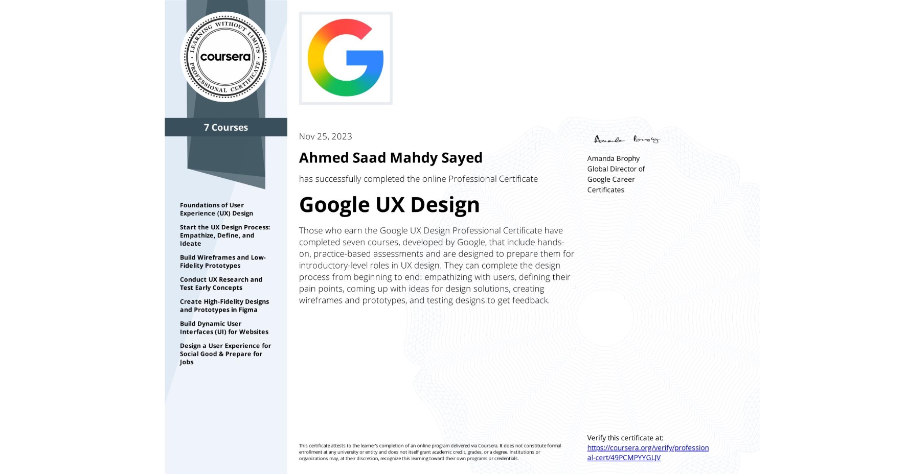 Google UX Design certificate — Ahmed Saad Mahdy Sayed